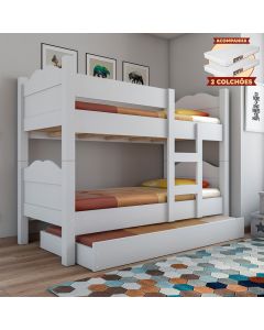 Beliche Madrid com Grades de Proteção e Cama Removível - Branco com 2 Colchões