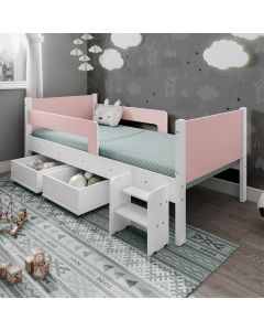 Cama Infantil com 2 Baus Organizador e Escada Luna Plus Branco com Rosa