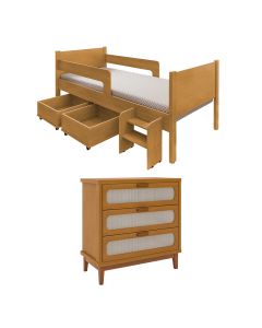 Kit Quarto Infantil Cama Luna com Organizador Escada e Cômoda Isa - Nature