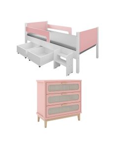 Kit Quarto Infantil Cama Luna com Organizador Escada e Cômoda Isa - Rosa